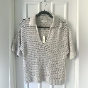 Max Studio Crochet Knit Linen Collared Shirt in Oyster